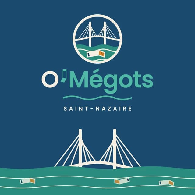 Visuel O’Mégots sur fond bleu foncé : logo clair et pont sur l’eau