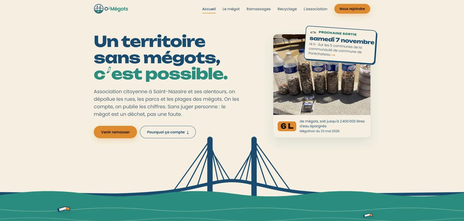 Nouveau site d’O’Mégots, page d’accueil, capture du 13 octobre 2026 : titre « Un territoire sans mégots, c’est possible », pont de Saint-Nazaire sur l’eau, prochaine sortie annoncée