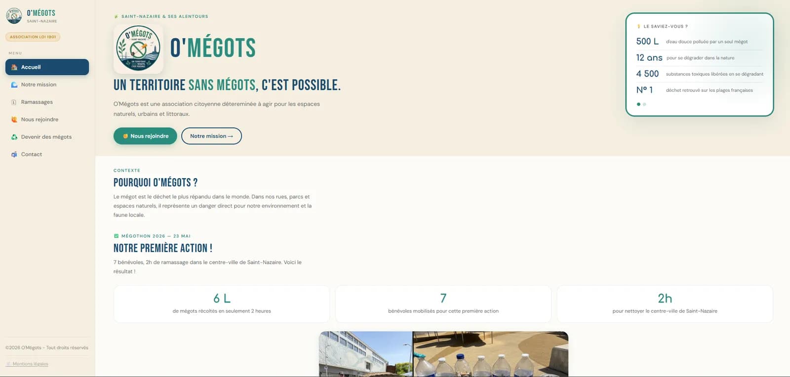 Ancien site d’O’Mégots, page d’accueil, capture du 14 septembre 2026 : menu latéral, logo rond et cartes de chiffres