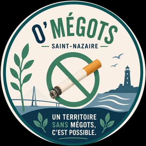 Ancien logo d’O’Mégots : un rond avec le pont, la mer, un phare, des mouettes, des feuillages, une cigarette barrée et un slogan
