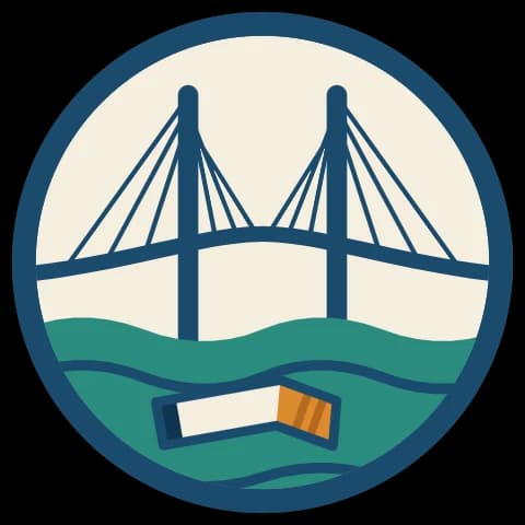 Logo définitif d’O’Mégots : pont bleu sur une eau verte, le mégot posé sur l’eau