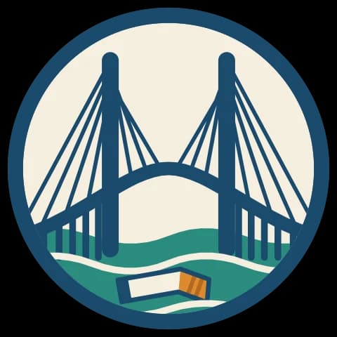 Logo O’Mégots, première version : pont à haubans bleu sur une eau verte, un mégot flotte dessous