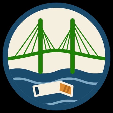 Logo O’Mégots, deuxième version : pont vert redessiné, deux mâts, sur une eau bleue