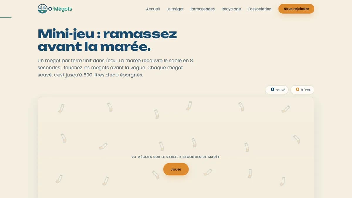 Page du mini-jeu d’omegots.fr, « Ramassez avant la marée », capture du 13 octobre 2026 : des mégots sur le sable et un bouton Jouer