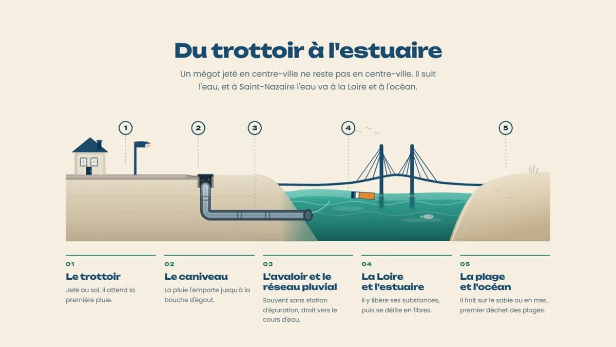 Page « Le mégot » d’omegots.fr, capture du 13 octobre 2026 : le trajet d’un mégot du trottoir à l’estuaire, en cinq étapes illustrées